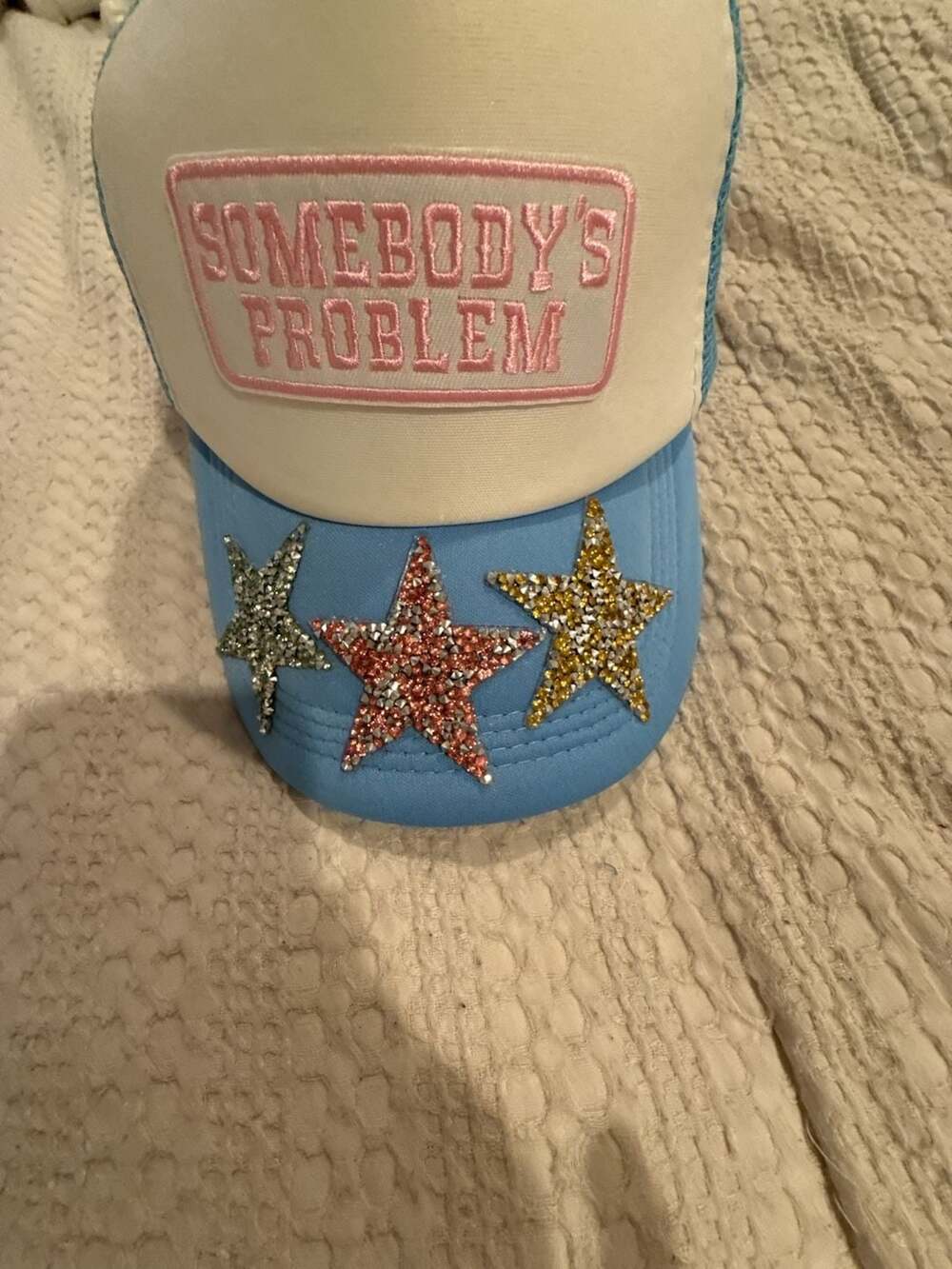 Somebody's Problem Blue Trucker Hat with Rhinestone Stars and Hustler Patch - Picture 2 of 5